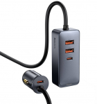 Car Quick Charger with Extension Cord 12-24V 120W 2xUSB + 2xUSB-C, Gray