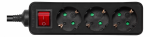 Deltaco Earthed Power Strip with Switch, 3 Sockets, 1.5m, Black