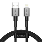 USB-kaabel USB-A <-> Apple iPhone Lightning, 1m, 15W / 3A, tumehall, punutud kaabliga, Tech-Protect