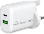 MediaRange 25W GaN kiirlaadimisadapter (UK pistik), 1&times; USB-C ja 1&times; USB-A, valge (komplektis EL-adapter)
