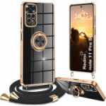 Mobiiltelefoni silikoonist &uuml;mbris Redmi Note 11 Pro jaoks rihmaga 360&deg; hoidikuga alus kriimustuskindel, must