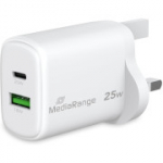 MediaRange 25W GaN kiirlaadimisadapter (UK pistik), 1&times; USB-C ja 1&times; USB-A, valge (komplektis EL-adapter)