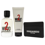 Set Dsquared 2: Dsquared Leather Card Holder Black For Men + 2 Wood Eau De Toilette Unisex, 100 ml + 2 Wood Shower Gel, 100 ml