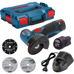 Aku nurklihvija Bosch GWS 12V-76 komplekt, 12 V, 2 x 3 Ah, laadija, &uuml;mbris + 3 ketast