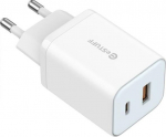 eSTUFF Home Charger 65W GaN - USB-C, + USB-A, EU Plug - White