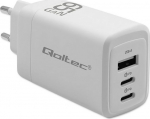 Qoltec 65W GaN | 5-20V | 3-3.35A | 2 x USB-C PD | 1 x USB QC 3.0 | White