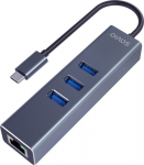 Savio AK-57 USB-C - 3 x USB-A HUB with RJ-45 Gigabit Ethernet adapter, 5000 Mbit/s, grey