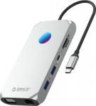 Orico USB-C 12w1 RGB | 3x USB-A 3.1 | 1x USB-A 2.0 | USB-C PD 100W | 1x USB-C 3.1 | 1x HDMI 1.4 4K 30Hz | 1x VGA 1080p | 1x microSD/SD 3.0 | 1x RJ Gigabit| 1x Audio - Silver