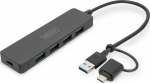 Digitus Hub USB 3.0/Hub 4-portowy SlimLine USB A + adapter USB-C 5Gbps, power connector USB-C