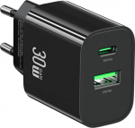 USAMS Charger 30W 1xUSB-C 1xUSB-A Fast Czarging Black