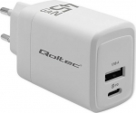 Qoltec 45W GaN| 5-20V | 1.5-3A | 1 x USB-C PD | 1 x USB QC 3.0 | White