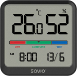 SAVIO Temperature and humidity sensor, do internal use, screen LCD, clock, data, holder with magnet, CT-01/B Czarny
