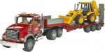 Bruder Mack vehicle with semi-trailer and backhoe loader JCB
