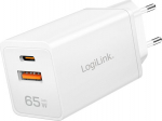 Loader LogiLink Charger LogiLink PA0371 USB GaN, 65 W, 1x USB-C (PD), 1x USB-A (QC), White