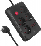 Listwa zasilająca Maclean, extension cord 4 jack + 3xUSB, 110-240V AC 50/60Hz, 2.1A max 2500W, 3m, czarna ,MCE393 B
