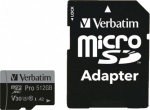 M&auml;lukaart Secure Digital Verbatim MicroSDXC 512GB Pro, A2 app class, UHS-I U3, r100MB/sec w90MB/sec + SD-adapter