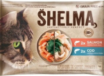 Shelma 4-pack grain-free fillets for adult cats. Z salmon and spirulina in sauce and cod and spirulina in sauce 4x85g