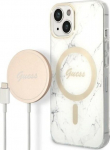 Guess Set GUBPP14MHMEACSH Case+Charger for iPhone 14 Plus / 15 Plus 6.7" / white hard case Marble