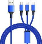 Kabel USB PremiumCord USB-A - USB-C + microUSB + Lightning 1.2 m Niebieski (ku31pow01)
