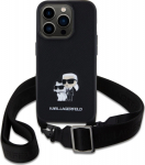 Karl Lagerfeld Saffiano Karl and Choupette Crossbody Case with Metal Strap for iPhone 15 Pro / black