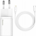 Toalaadija Apple iPhone Lightning otsikuga 20W PD (adapter Power Delivery + USB-C kaabel 1m), kiirlaadimine, valge, Baseus