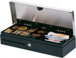 Metapace K-3 V.2, silver/black - cash drawer, top opening, dimensions (WxHxD): 460x100x170mm, 6 note compartments (vertical), 8 coin compartments, 3-pos. lock, different locking, direct printer connection, RJ12, colour: silver/black, incl. lockable lid