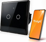 Qoltec 52712 Smart Touch 2-Gang Light Switch | Wi-Fi | Timer | Tuya | Smart Life | Tempered Glass | Black