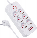 Listwa zasilająca Maclean, extension cord 6 sockets + 4xUSB, 110-240V AC 50/60Hz, 2.1A max 2500W, 1.5 m, White, MCE389 W