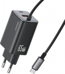 USAMS Charger JC Series CC266 65W GaN Fast Charger built-in cable USB-C czarny