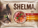 Shelma 4-pack grain-free fillets for adult cats. Rich beef with tomatoes, rosemary and thyme in sauce, rich