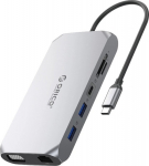 Orico USB-C 12w1 | 3x USB-A 3.1 | 1x USB-A 2.0 | USB-C PD 100W | 1x USB-C 3.1 | 1x HDMI 1.4 4K 30 Hz | 1x VGA | 1x microSD/SD 3.0 | 1x RJ45 Gigabit | 1x audio - szara