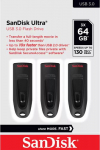 SanDisk ULTRA 64GB USB 3.0 FLASH DRIVE, 130MB/S READ 3 PACK (BLACK)