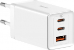 Toalaadija adapter 65W, 2x USB-C + USB juhtmele, valge, GaN5 Pro PD 3.0 kiirlaadimine, komplektis USB-C <-> USB-C kaabel 1m, Baseus