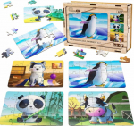 PuzzleOK Wooden Puzzle 4w1 Animals Puzzle Set Cow Dog Panda Penguin