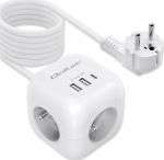 Qoltec Extension cord power supply cube 6w1 z illuminated switch | 3x AC | 2x USB | 1x USB-C PD 20W | White | kabel 2m