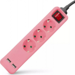 Entac Steckdosenleiste 3fach 2x USB-A, 1.5m pink
