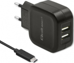 Qoltec Charger 17W | 5V | 3.4A | 2xUSB + kabel USB typC