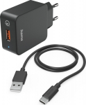 USB-laadija seinapesasse Hama Charger Kit, USB3.0, Type-C kaabel 1.5m, Qualcomm QC3.0 3A 19.5W, black/must, Turbo Fast Charge