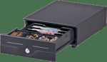 Metapace K-4, black - cash drawer, front opening, dimensions (WxHxD): 245x105x320mm, insert: 3 note compartments (horizontal), 3 coin compartments, 3-pos. lock, direct printer connection, RJ11, colour: black