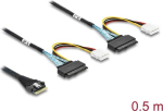 Delock PCIe 4.0 Kabel Slim SAS SFF-8654 8i zu 2 x U.2 SFF-8639 Buchse+ Stromanschluss 0.5 (82296)