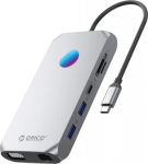Orico USB-C 12w1 RGB | 3x USB-A 3.1 | 1x USB-A 2.0 | USB-C PD 100W | 1x USB-C 3.1 | 1x HDMI 1.4 4K 30Hz | 1x VGA 1080p | 1x microSD/SD 3.0 | 1x RJ Gigabit| 1x Audio - szara