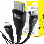 Kabel USB Baseus USB-C - 2x USB-C + Lightning 1.5 m Czarny (6932172669676)