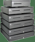 apg Solutions APG E4000 Series, black - cash drawer, front opening, dimensions (WxHxD): 457x107x424mm, insert: 5 note compartments, 8 coin compartments, removable, 2 receipt slots, ball-bearing telescopic slides, underdesk mountable, cylinder lock, 4 ...