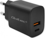 Qoltec Loader GaN Power Pro | 1xUSB-C | 1xUSB | 30W | 5-20V | 1.5-3A | Czarna