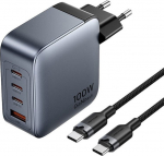Loader Vention 3x USB-C, 1x USB-A, 100W (szara) z cable USB-C do USB-C (1m) czarna