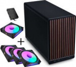 Lian Li DAN Cases A3-mATX - Walnuss, schwarz + 3x UNI FAN SL-INF 120 ARGB Reverse Blade Fan + 1x Standard PWM L&uuml;fter - 120mm (Incl. Controller)