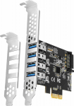 Axagon PCI-Express card with four external USB 3.2 Gen1 ports with dual power. Renesas chipset. Standard & Low profile