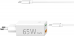 USB-laadija seinapesasse Hama GaN 65W, USB-C Power Delivery (PD) + USB-A Qualcomm QuickCharge QC3.0, white/valge, USB-C kaabel 2m