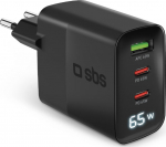 Charger SBS GaN 65W, 2xUSB-C + USB, LCD, Black
