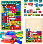 LeanToys Wooden Puzzle Brain Teaser Logic Puzzle Colorful Vehicles 23 el. EDUCAMP